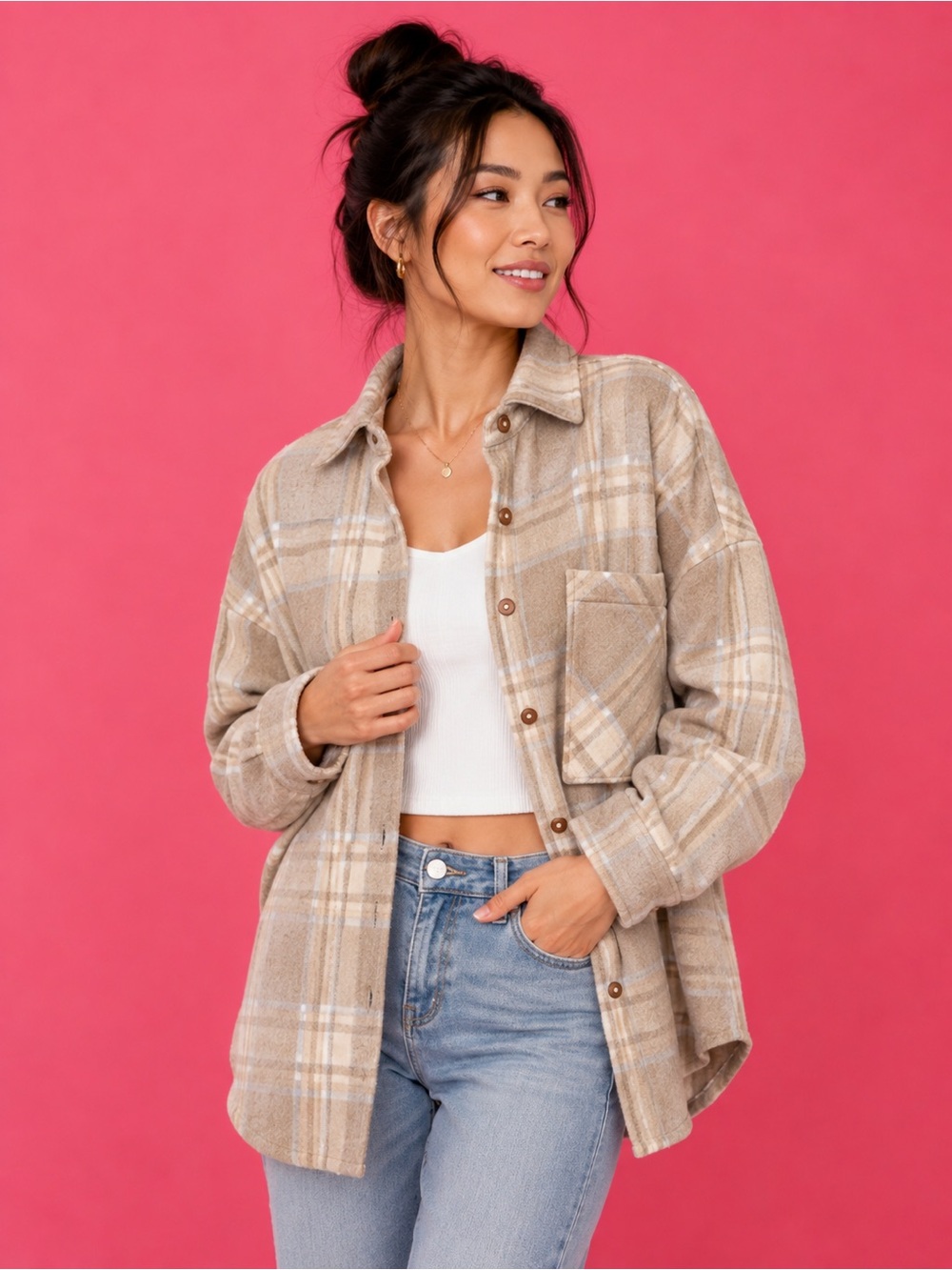 Beige Plaid Women’s Overshirt Jacket - Beige Plaid